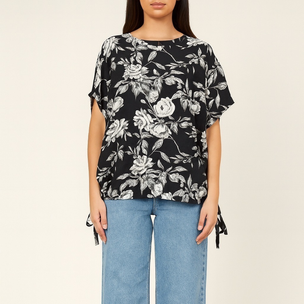 NWT Melloday Floral Tie Side Blouse 1X Black White Dolman Sleeve Boho Chic Gift